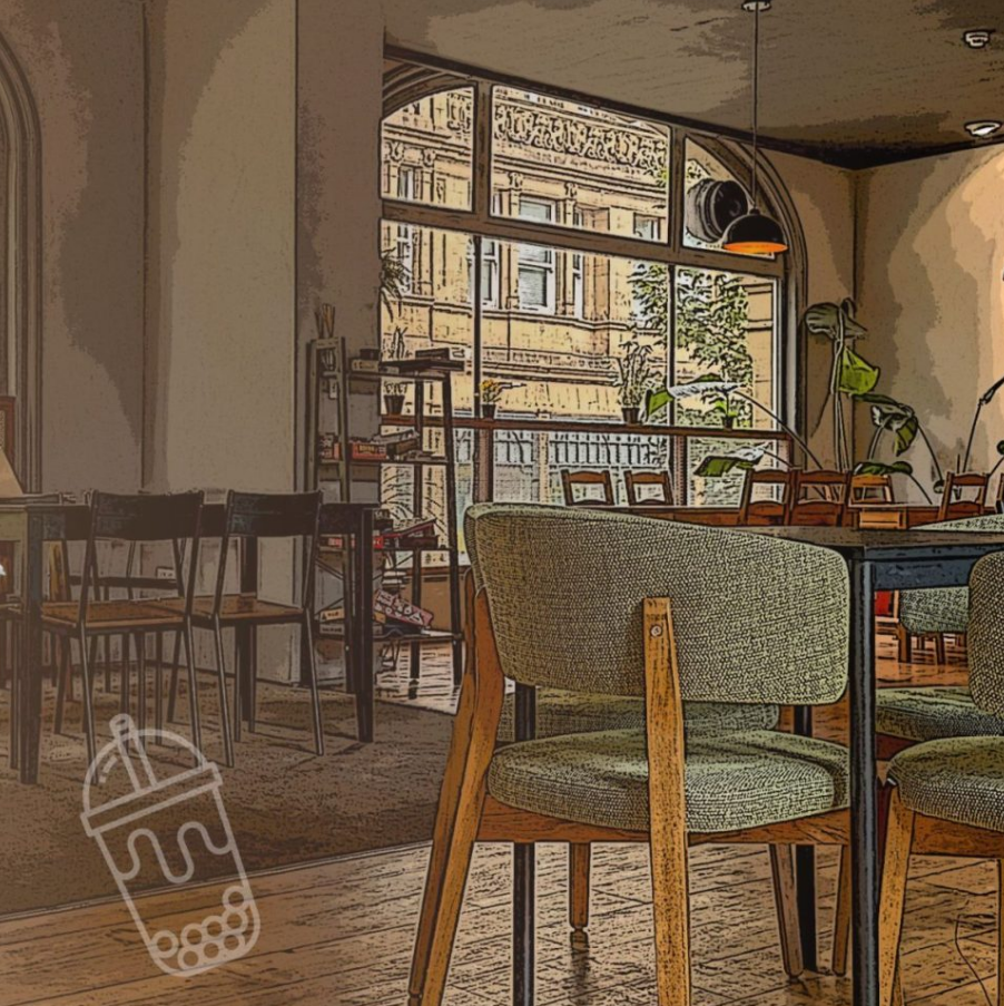 A pencil line drawing over the depth of the café interior.